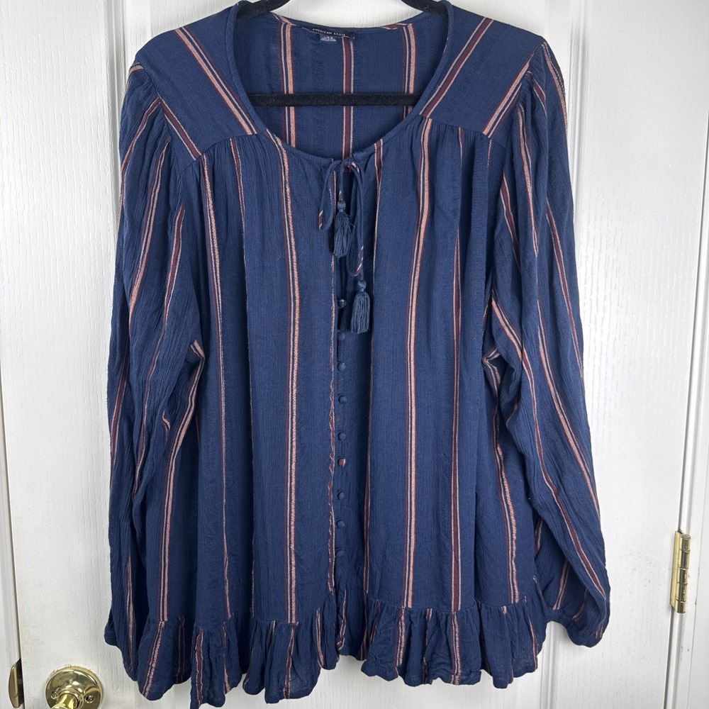 American Eagle Navy Multi Stripe Tassel Tie Button Front Peasant Top Sz L